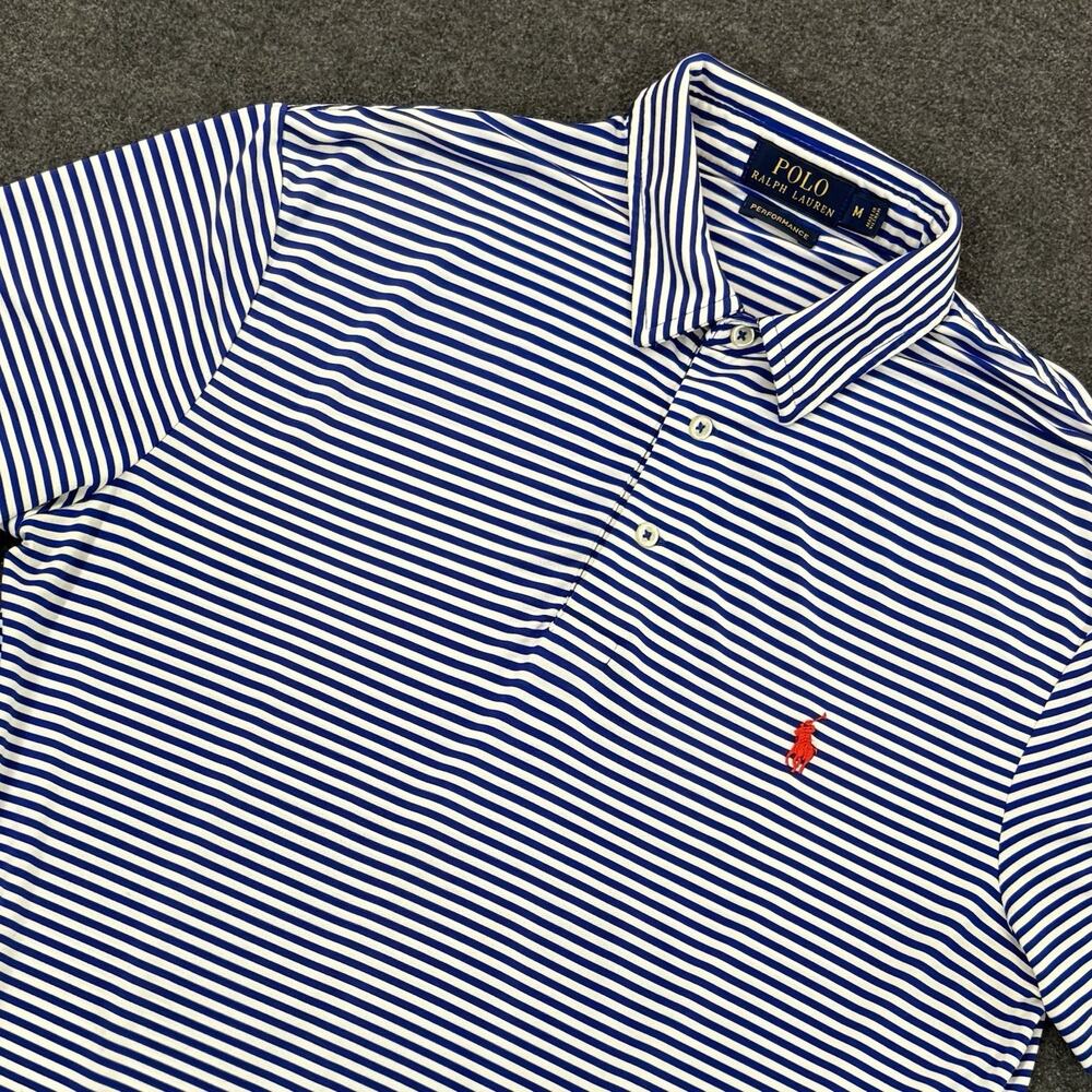 Polo Ralph Lauren Shirt Mens Medium Blue White Striped Performance Polo Golf